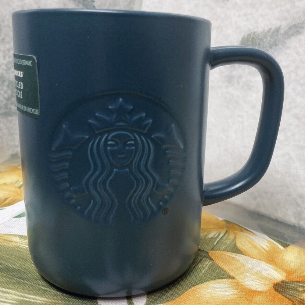 Starbucks Recycled Ceramic Mug Matte Navy Blue Dark Green 16oz Coffee Tea 2022